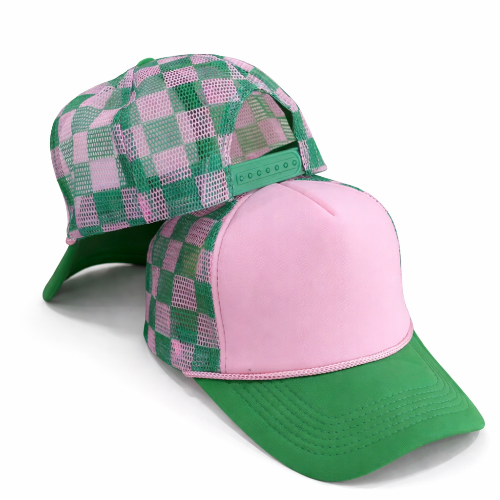 Pink & Green Check Trucker Hat blank - PREORDER
