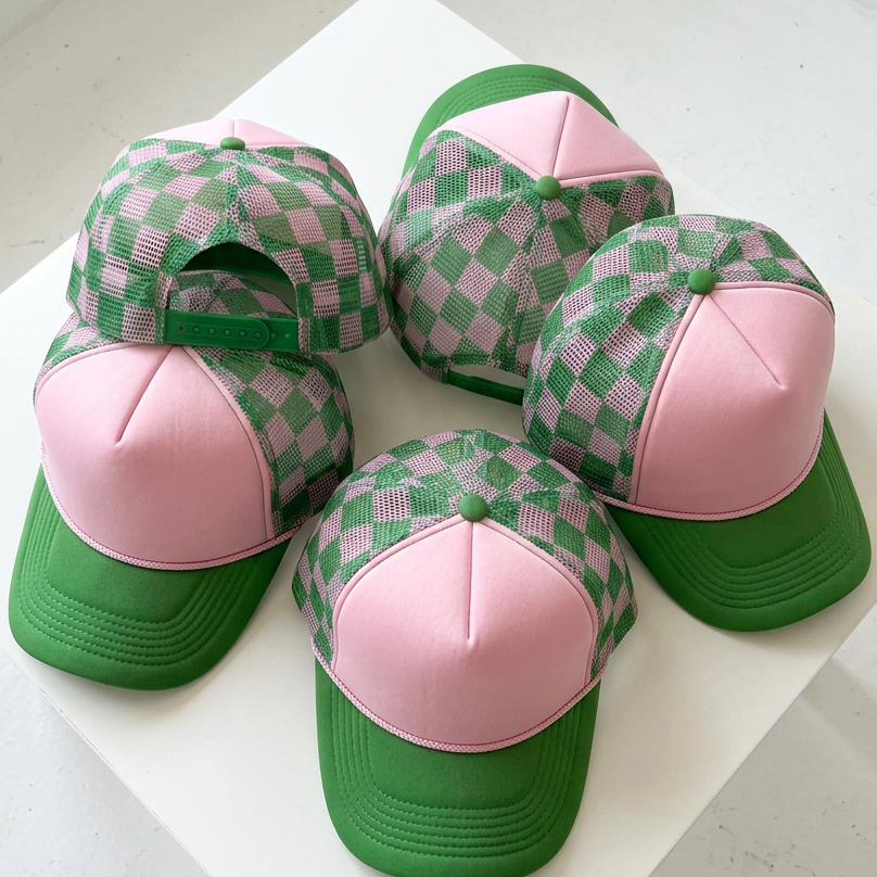 Pink & Green Check Trucker Hat blank - PREORDER