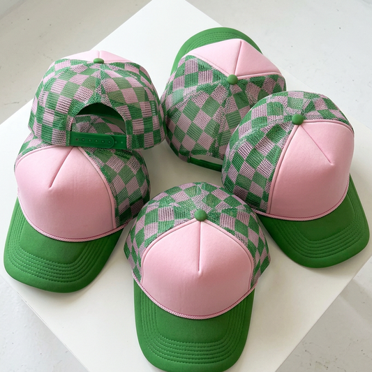 Pink & Green Check Trucker Hat blank - PREORDER
