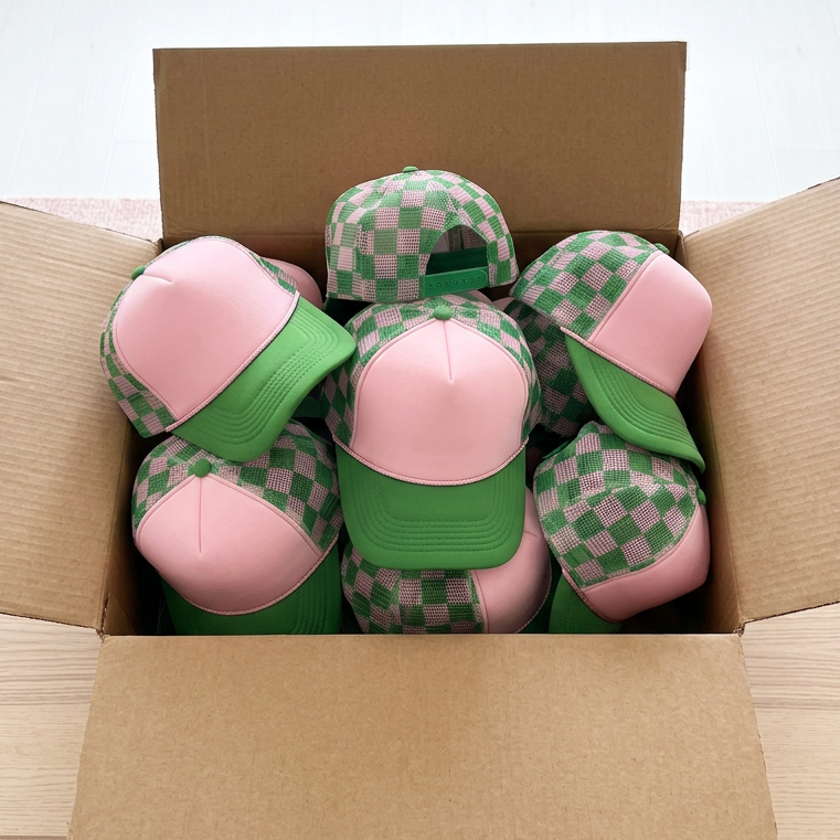 Pink & Green Check Trucker Hat blank - PREORDER
